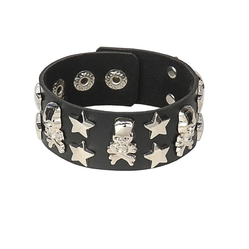 Bracelet Manchette En Cuir Véritable Punk Noir - Réglable, Fermoir Alliage, Style Gothique Pour Homme Et Femme