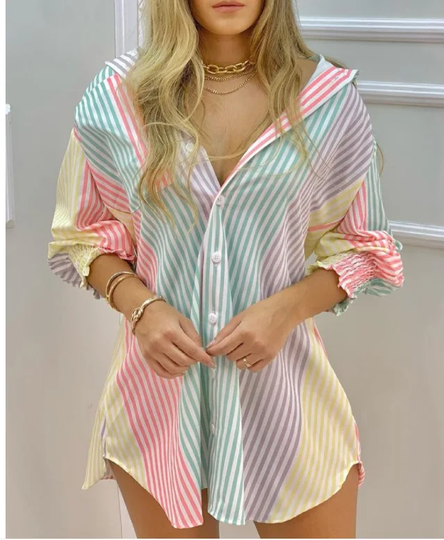 

2022 Women Spring Fashion Striped Printed T Shirt Long Sleeve Shirts Lapel Button Design Casual Top Sexy Office Blouse Plus Size