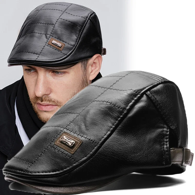 

Men Retro PU Leather Beret Hats for Dad Adjustable Autumn Winter Faux Leather Beret Hat Father Men's Visor Warm Flat Peaked Cap