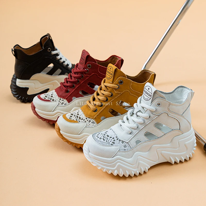 7cm Mesh Genuine Leather Synthetic Mid Calf Ankle Boots Women Breathable Platform Chimney Hollow Fashion Summer Shoes