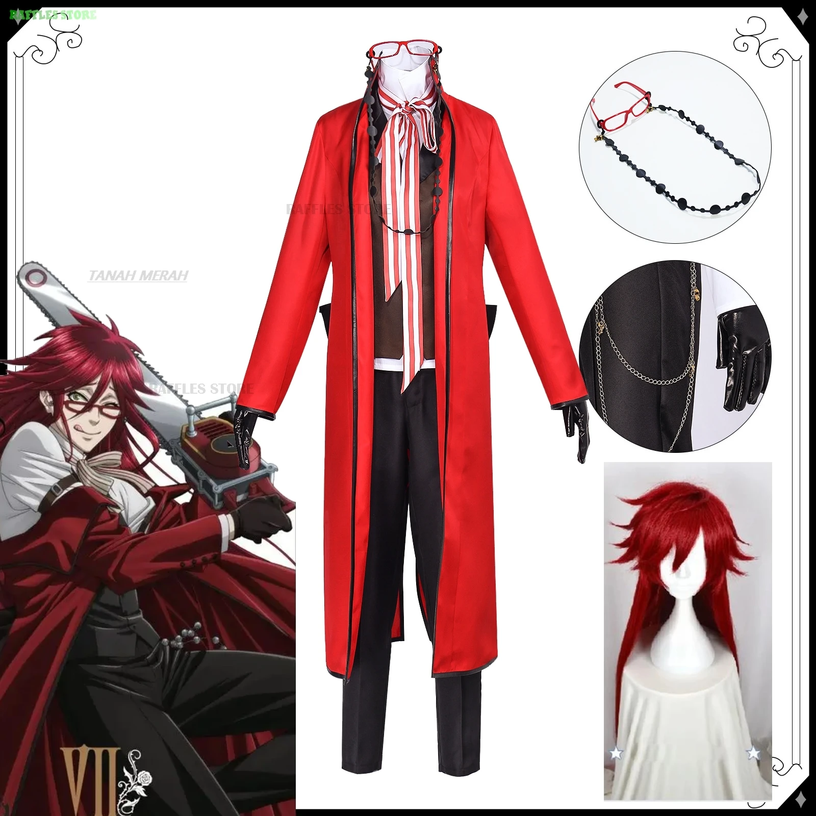 

Black Butler Grell Sutcliff Michaelis Cosplay Costume Wig Uniforms Anime Cosplay Halloween Party Unisex Fancy Red Suit Glasses