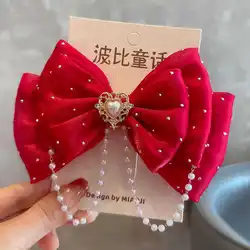 Elegant Pink Pearl Bow Hair Accessory (Burgundy)