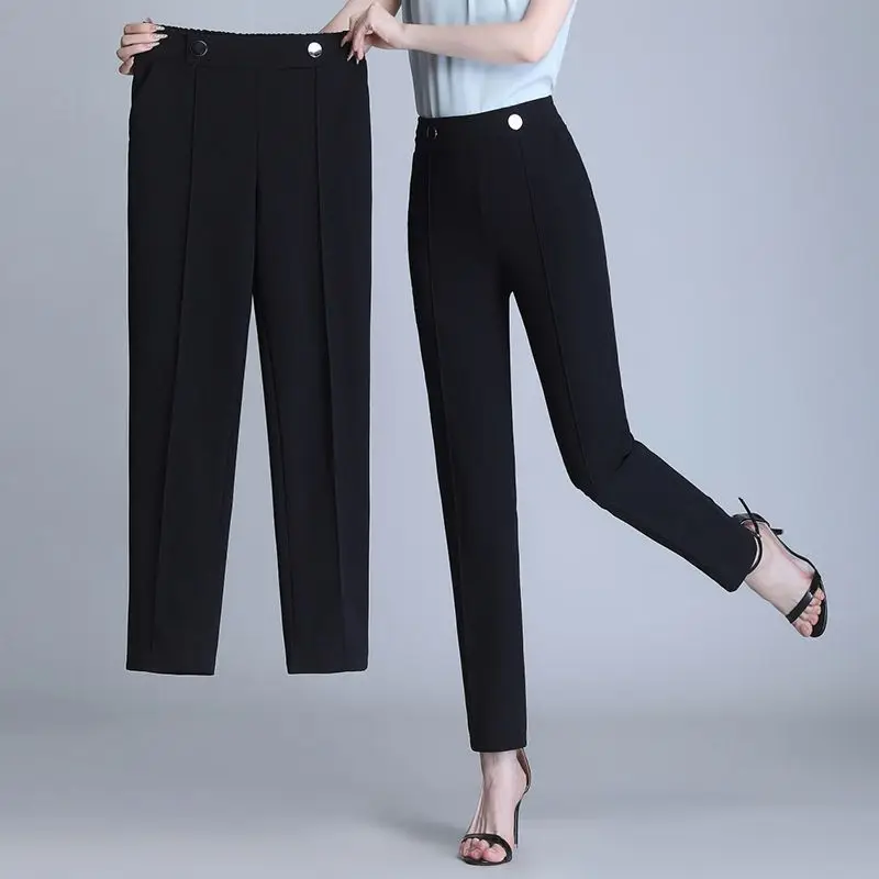 thumbnail image 1 of Pantalones de oficina a la moda para mujer, color liso, combinables con todo, para primavera y otoño, con banda elástica, cintura alta, ajustados, informales, largos y rectos., 1 of 5