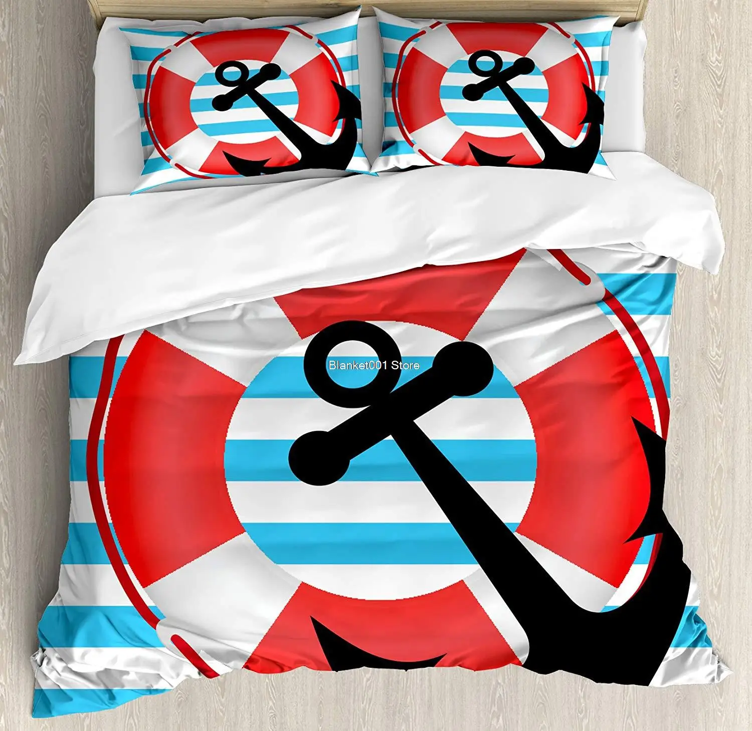 

Anchor Duvet Cover Set Blue Striped Backdrop with Lifebuoy and Anchor Aboard Travel Protection Decorative 3 Piece Bedding Set