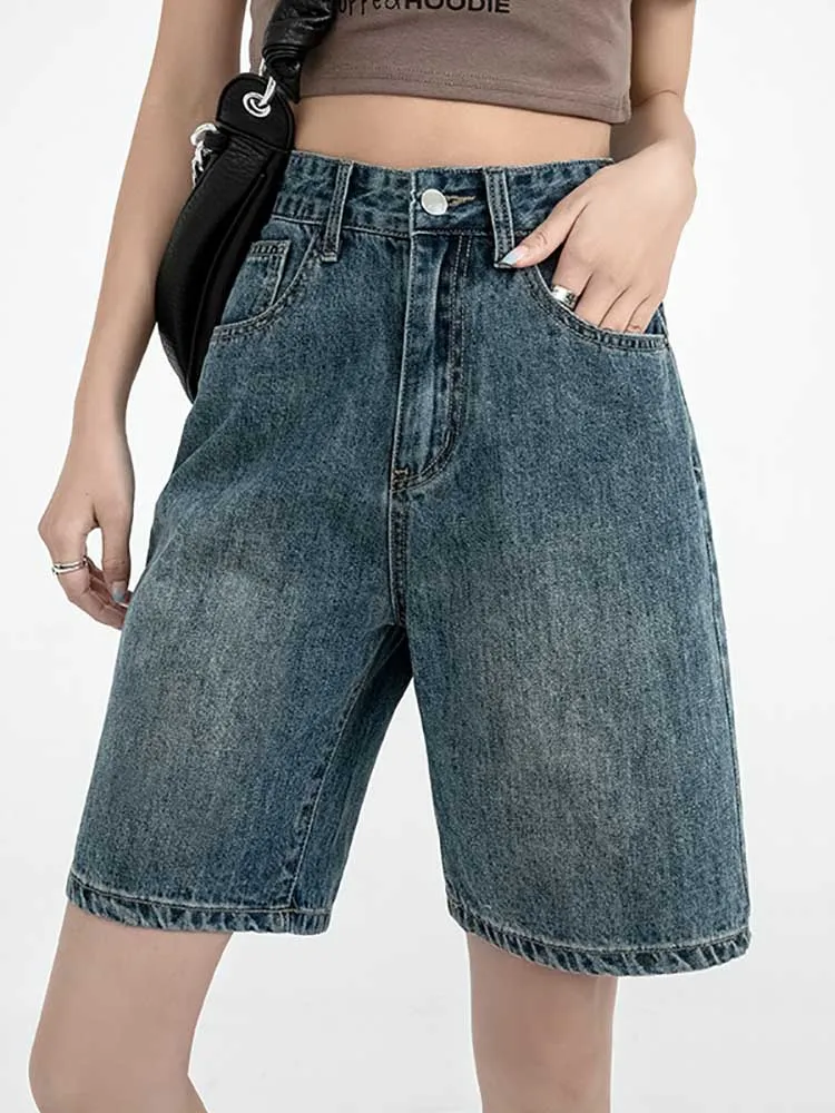 

Solid Color Knee High Waisted Denim Shorts for Women's Retro Casual Wide Leg Shorts for Spring and Summer Straight Leg Jeans