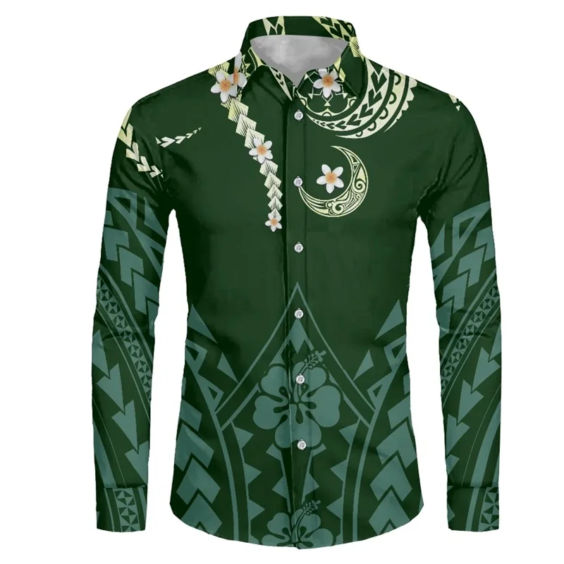 thumbnail image 1 of Camisas hawaianas con estampado 3D de tribu polinesia, camisas casuales de manga larga con cuello alto, blusa con botones para hombre, ropa de otoño, 1 of 5
