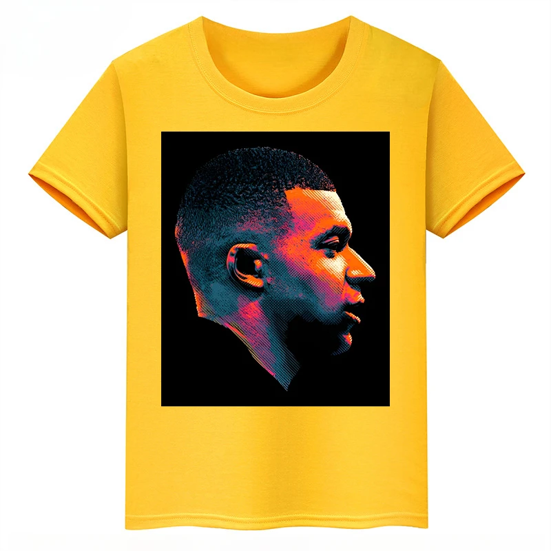 thumbnail image 1 of Camiseta deportiva de algodón amarilla de manga corta de verano para niños y niñas con estampado de avatar de Mbappé, 1 of 4