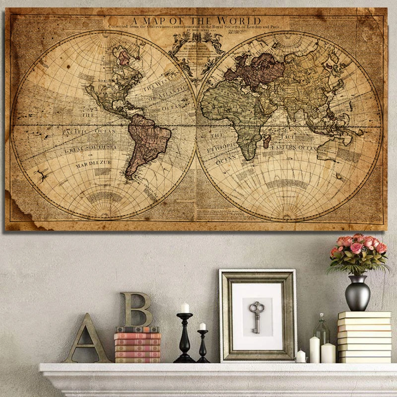 

Vintage Earth Painting For Living Room Poster Prints Map Of The World Retro Old Picture Canvas Home Office Study Wall Art Decor