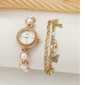 Small Fashion Light Luxury Women's Quartz Watch Round Dial Pearl Trim Alloy Strap for Dating and Holiday Gifts