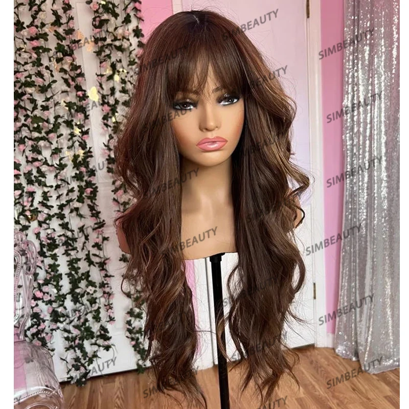 Highlight Fringe Lace Front Human Hair Women Wigs with Bangs Long Body Wave Balayage Brown 360 Lace Frontal Wig Natural Hairline