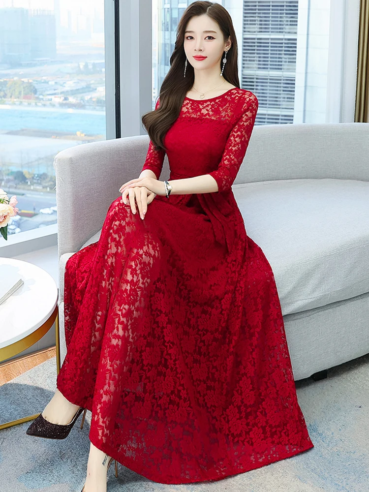 

Lace Crochet Women Long Dress Black 2023 Spring Summer Red Fashion Casual Beach Elegant Chic Mesh Prom Evening Midi Dresses For