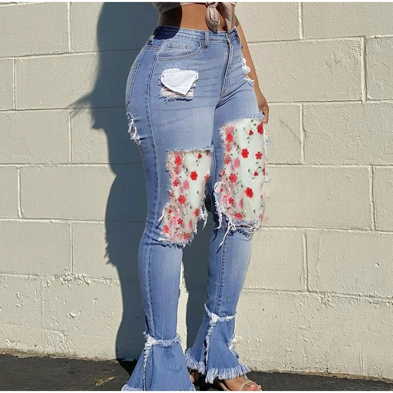 Multicolor Flower Embroidery Mesh Sheer Boho Patchwork Denim Joggers Women Spring Stretchy Ripped Skinny Flare Jeans Bell Bottom