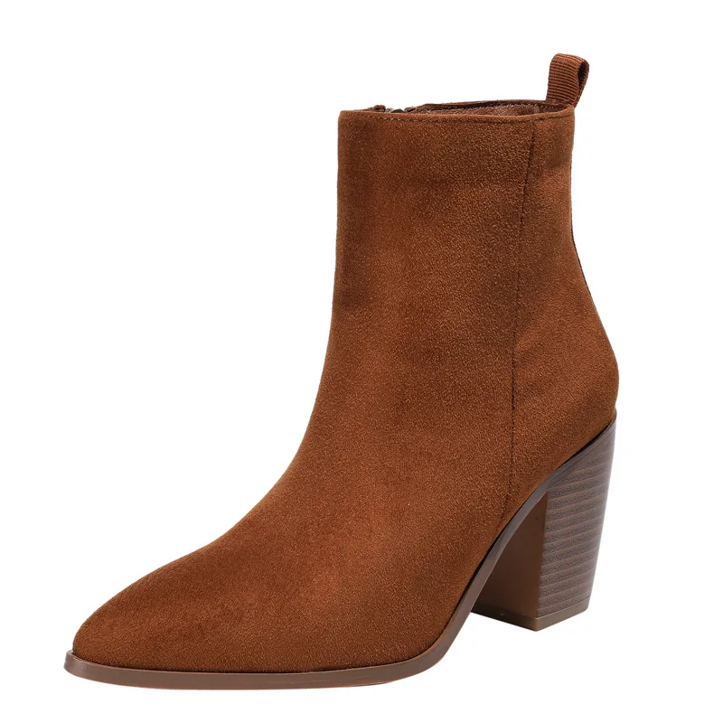 

Cross border thick heeled boots for slim women 2023 new autumn and winter suede side zipper slim short women's shoes HL335