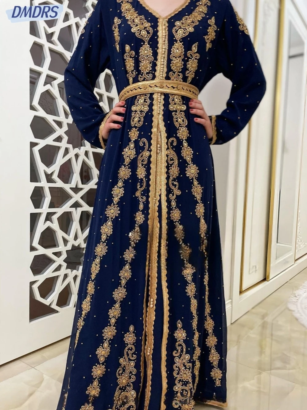 

Royal Dubai Moroccan Kaftan Evening Dresses Elegant V-neck Dress For Bride Classic Floor-length Bridal Gown Vestido De Novia