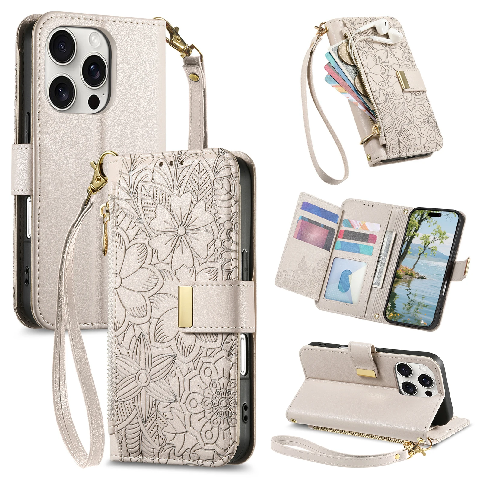 Leather Wallet Phone Case with Wrist Strap and Card Slots - Zipper Flip Design and Protective Cover