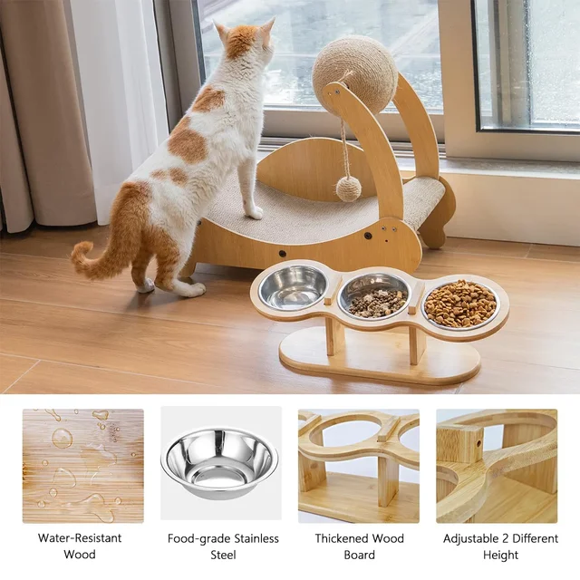 Elevated Cat Dog Bowls 15 degrees Tilted Raised Cat Food Water Bowls Pet Bowls for Cats & Small Dog Wooden Dog Bowl Pet Supplies 4