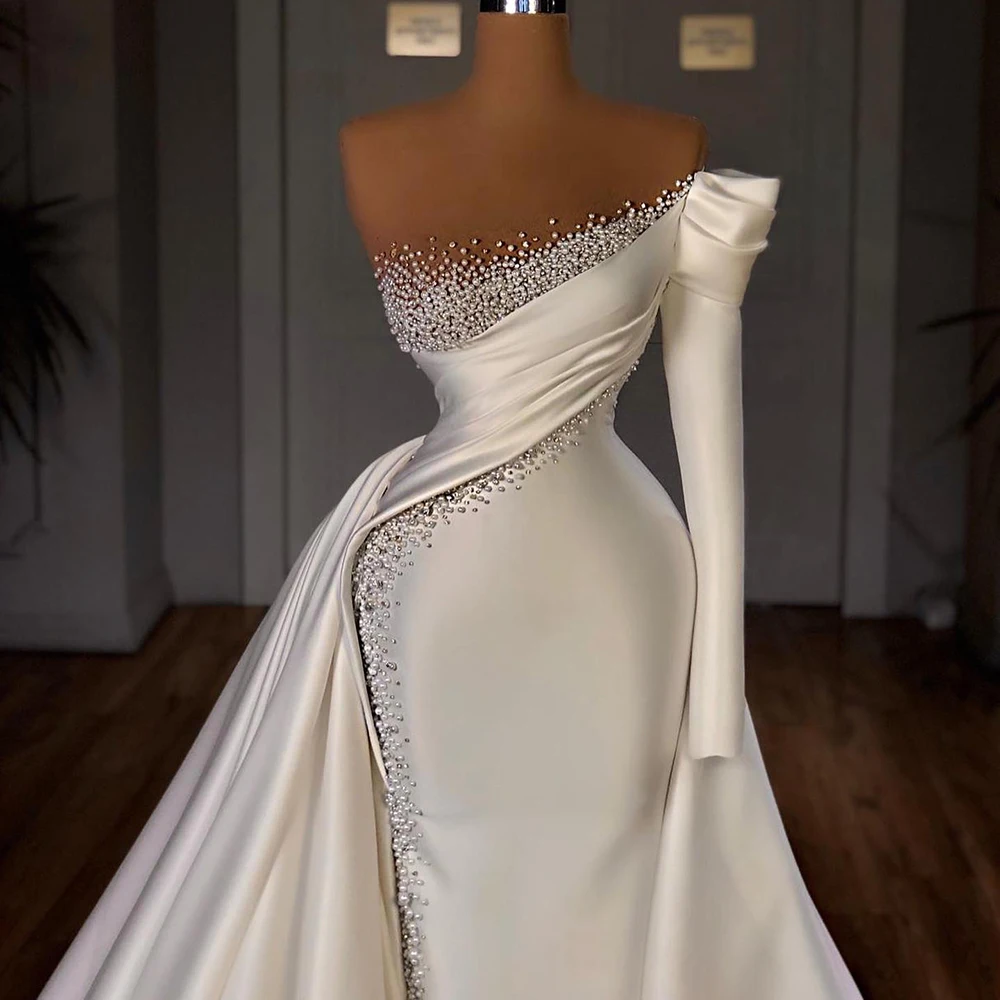 

STEVDITG Elegant Women Wedding Dress Fashion One-Shoulder Pearls Mermaid Gowns Luxury Court Train White Satin Bride Dress 2023