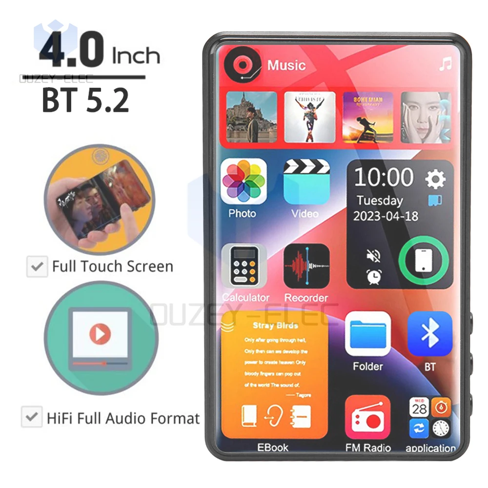 

4 Inch HD MP3 Music Player With Full Touch Screen bluetooth5.2 Walkman 16GB Built-in Speaker Player FM Radio Recording E-book