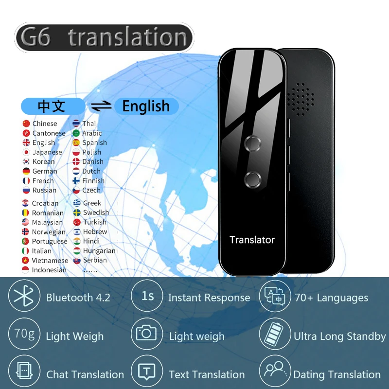 

G6 translator languages support hebrew Bluetooth Translator stick translator off line Smart Voice AI Voice Photo Translato