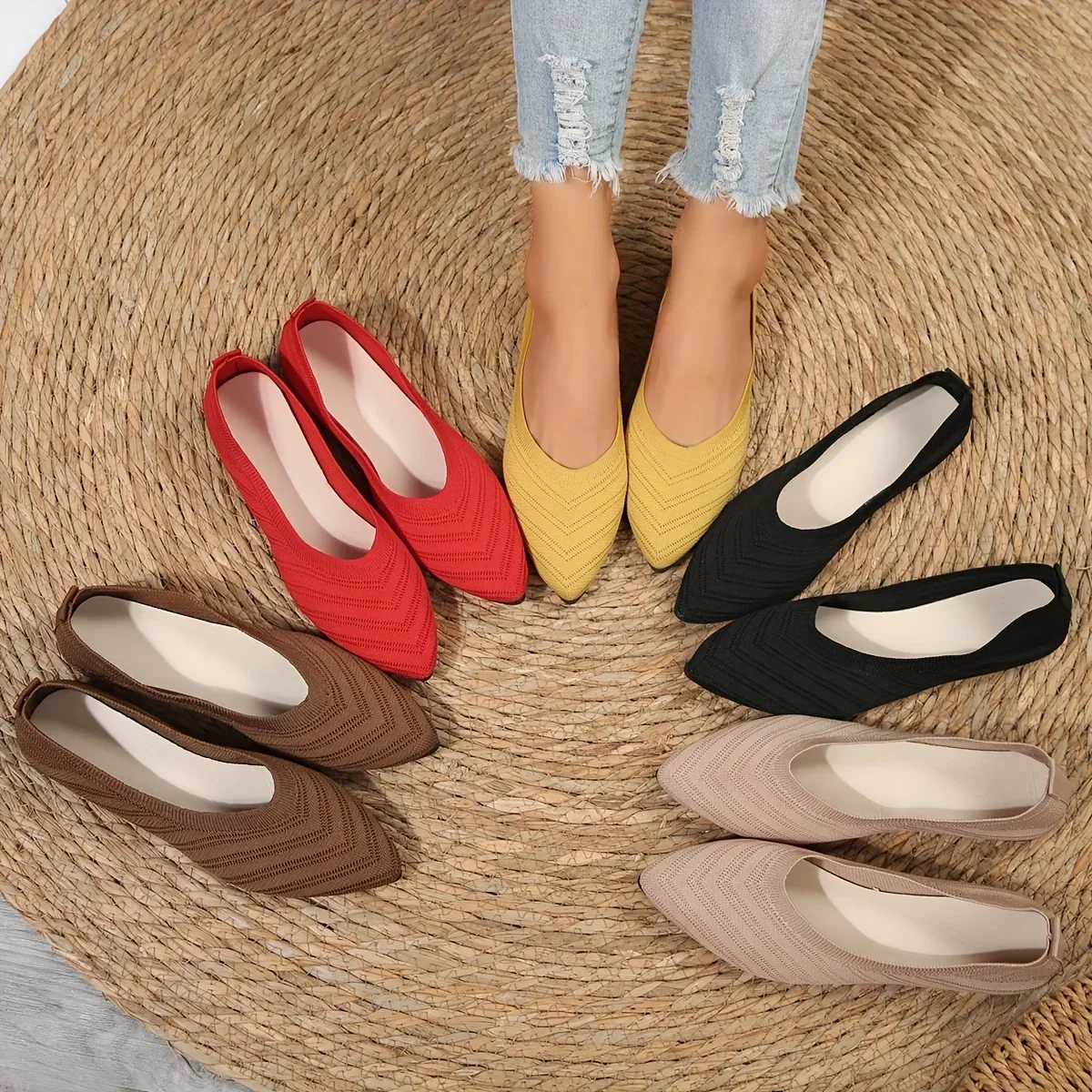 Women Pointed Toe Flat Shoes 2024 Solid Color Knitted Slip Shoes Casual Breathable Ballet Flats Women Flat Shoes Loafers Women