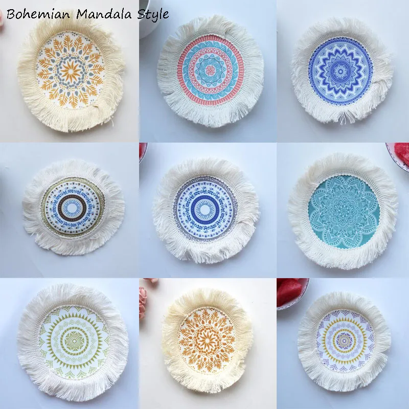 

Table decoration and accessories Bohemian mandala style braid Printed table place mat Cloth tassel placemat coaster kitchen