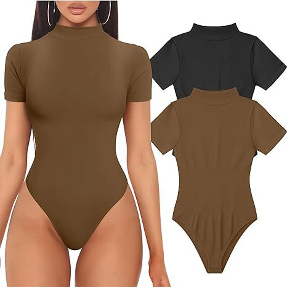 Women Summer Short Sleeve Turtleneck Bodysuit