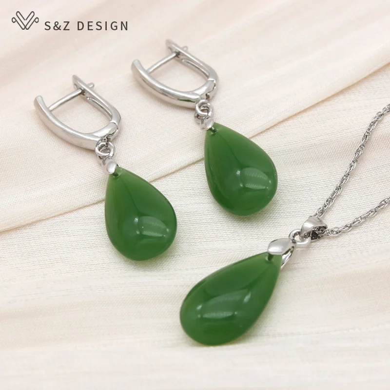 S&Z DESIGN New Fashion 585 Rose Gold Color Water Drop Dangle Earrings Jewelry Sets For Women Wedding Classic Pendant Necklace