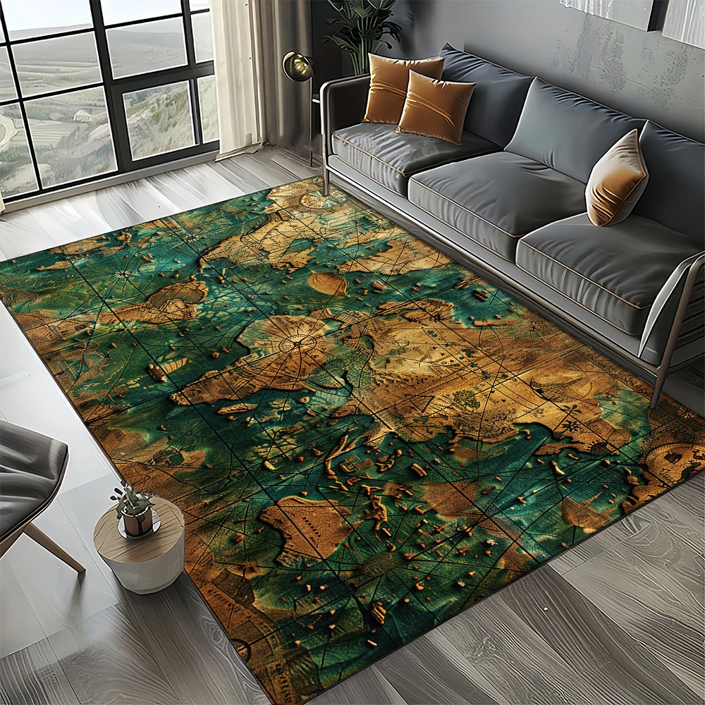 Nautical Map Rug – Retro Marine Compass Carpet | Non Slip Floor Mat for Living Room