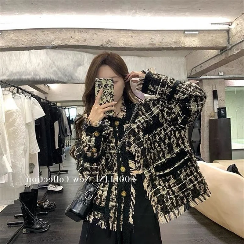 2023 New Fashion Simple and Versatile Heavy Industry Black Gold Woven Tassel Thickened Small Fragrant Coat with Advanced Sense