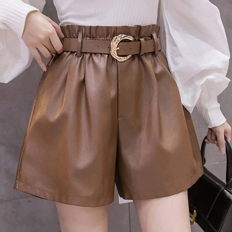 Korean Fashion PU Leather Elastic High Waist Biker Shorts Women Elegant A-Line Wide Leg Faux Leather Shorts Fall Winter Bottoms burberry shorts