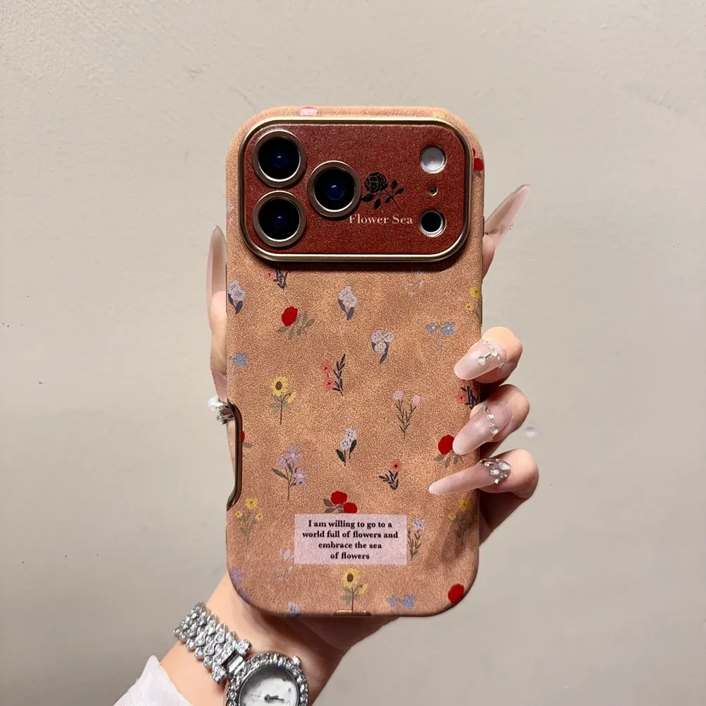 Kleine florale Handyhülle im Retro-Stil für iPhone 17, 16, 15, 14, 13, 12, Pro Max, Vintage-braunes Leder, bunte Blumen, stoßfeste Abdeckung