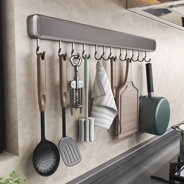 Wall Mounted Kitchen Utensil Holder Rack, Stainless Steel Pots and Pans  Hanging Rack, Cooking Utensil Hanger with Hook, Suitable for Spatula Spoon