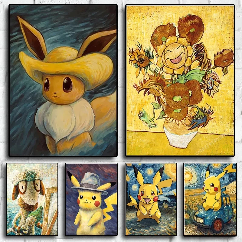 

Van Gogh Museum Pikachu Pokemon Anime Figures Watercolor Painting Canvas Posters Prints Wall Art Picture for Living Room Murals
