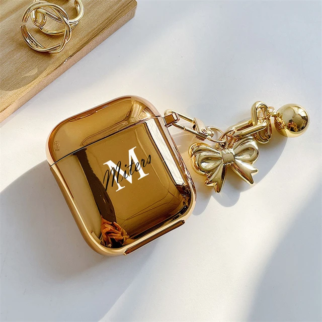 Luxury Gold Plating Earphone Case For Airpods 2 Pro Personalized Letters  Logo Customized With Bow Keychain