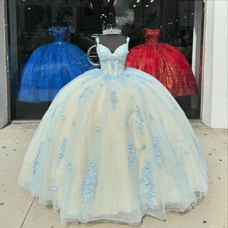 

Sky Blue Champagne Ball Gown Quinceanera Dresses 2024 Off Shoulder Beaded Appliques Lace Tull Sweet 16 Dress Vestidos De 15 años