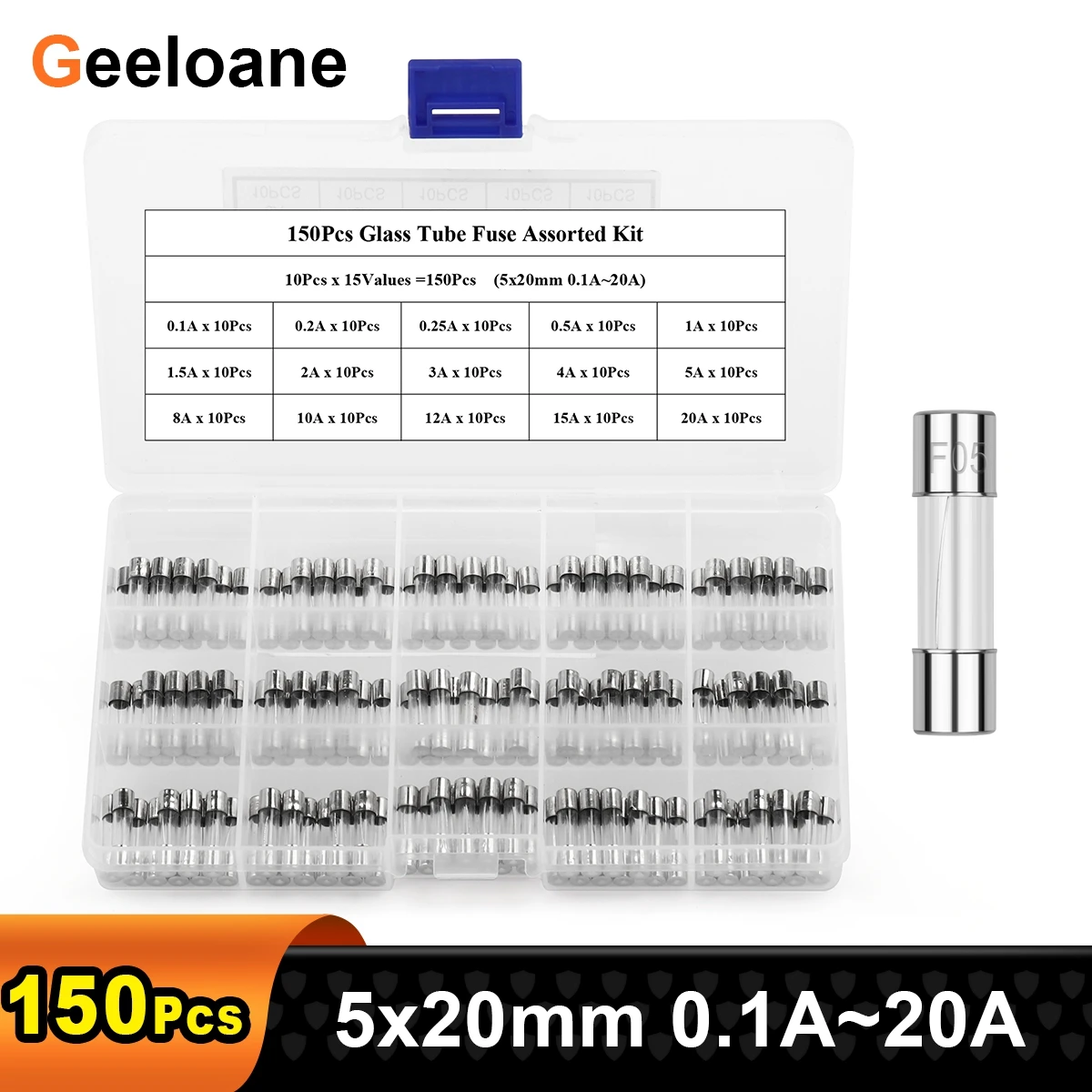 

150Pcs Glass Tube Fuse Kit Quick Blow Fast-Blow Glass Fuses 5x20mm 0.1A~20A 15Values x 10Pcs 250V Assorstment Kit