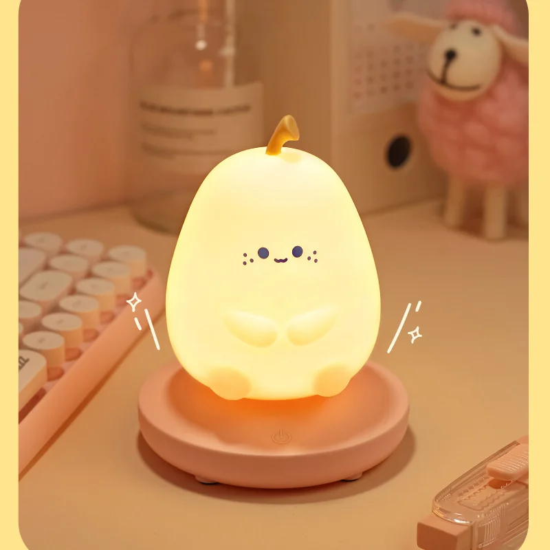 

Cute Pear LED Nightlight Table Lamp Rechargeable Colorful Dimming Touch Silicone Lamp Child Guardian Sleep Decor Kid Kawaii Gift