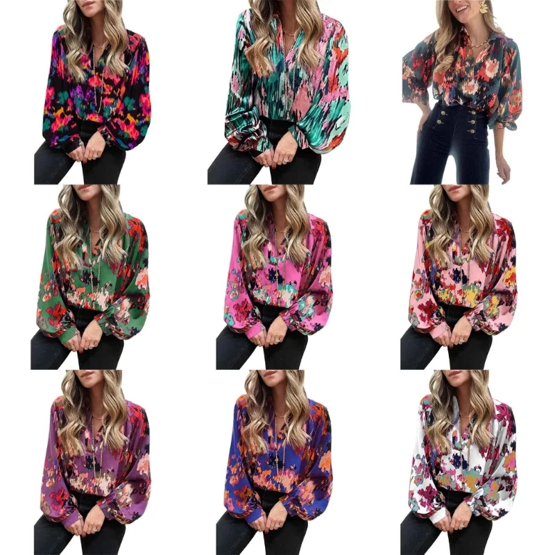 

Women Casual Long Sleeve Polos Shirt Loose V Neck Collared Blouse Tunics Tops Relaxed Fitting T-Shirt Fall Print T shirt
