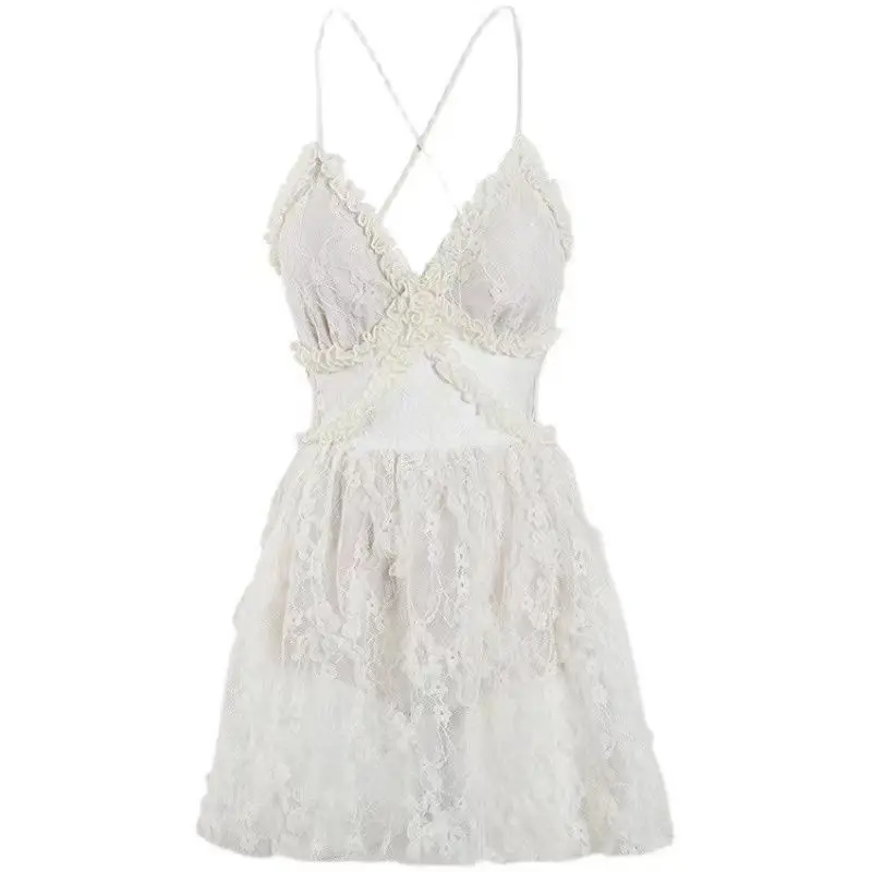 French Fairy Solid Color Sexy Lace Pure Desire Conjoined Body Backless Sling Hollow Out Sleeveless With Chest Pad Cover-Ups