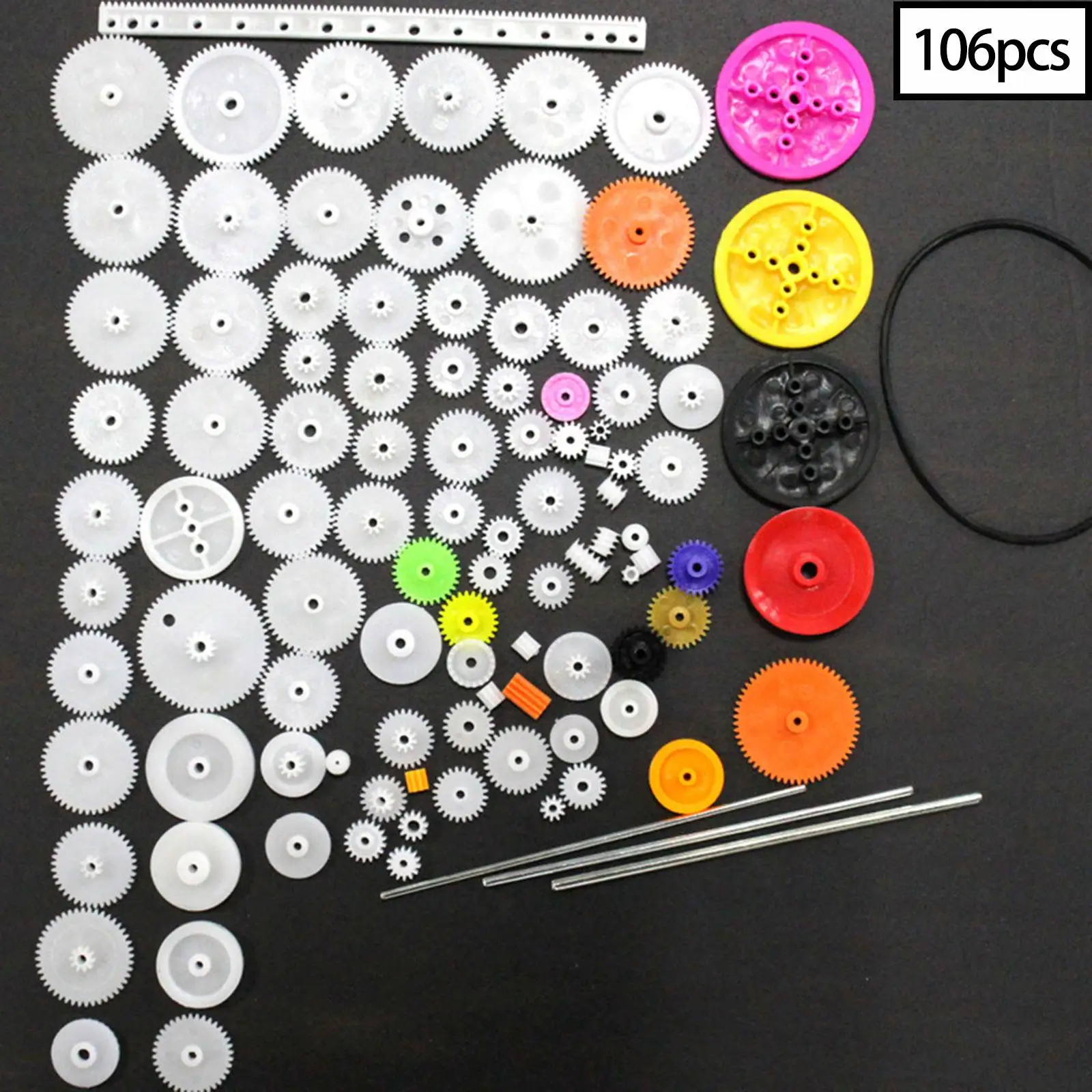 106Pcs Gear Kit Assortment Single Gears Rubber Band DIY Shaft Gear Accessories Toothed Wheels for Motor RC Car Education Toys