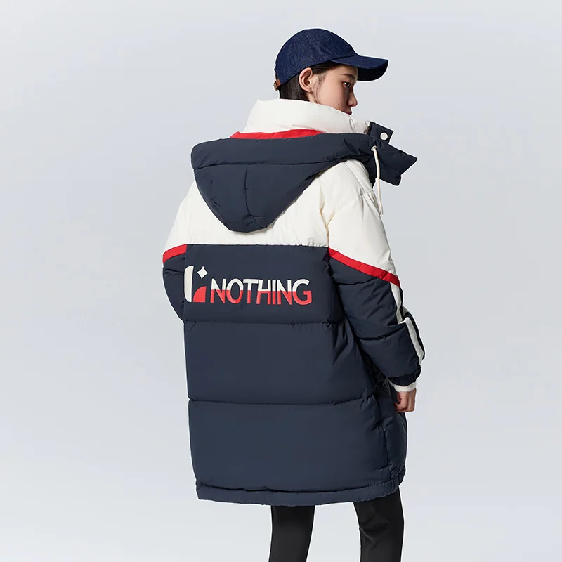Semir Down Jacket Women Long Color Block Letters Winter Fashion Hooded Loose Warm Thick Coat