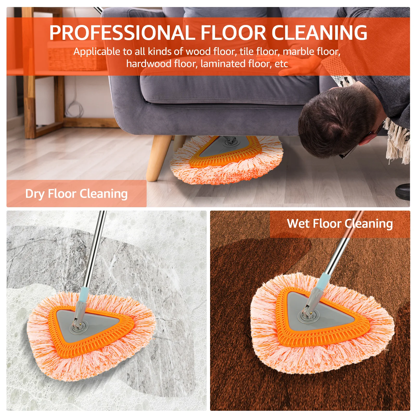 Triangle Floor Mops Set 360° Rotatable Microfiber Wall Mops with 3 Replaceable Mop Pads Reusable Washable Cleaning Mops Set Wet