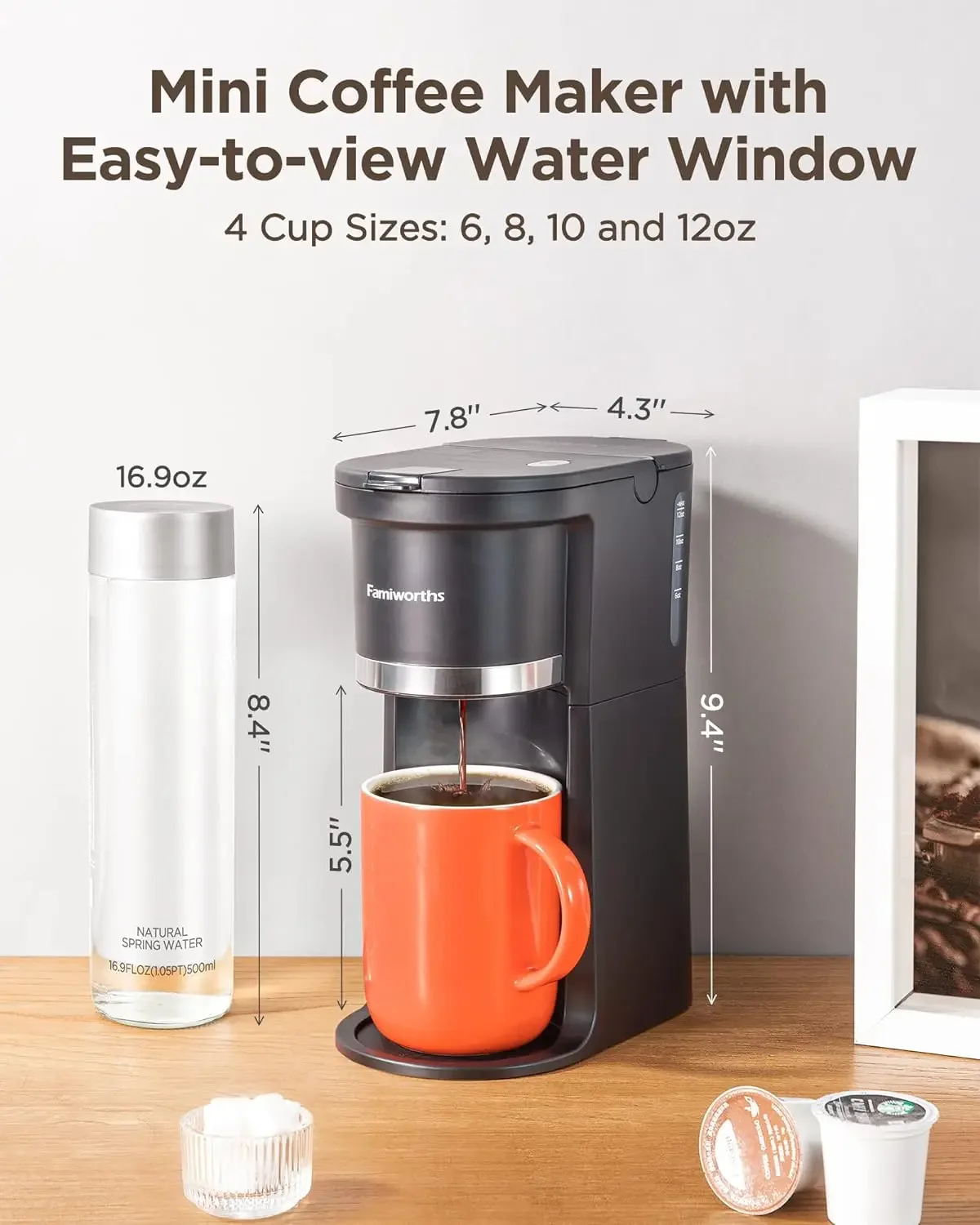 NEW Mini Coffee Maker Single Serve, Instant One Cup for K Cup & Ground Coffee, 6 to 12 Oz Brew Sizes, Black