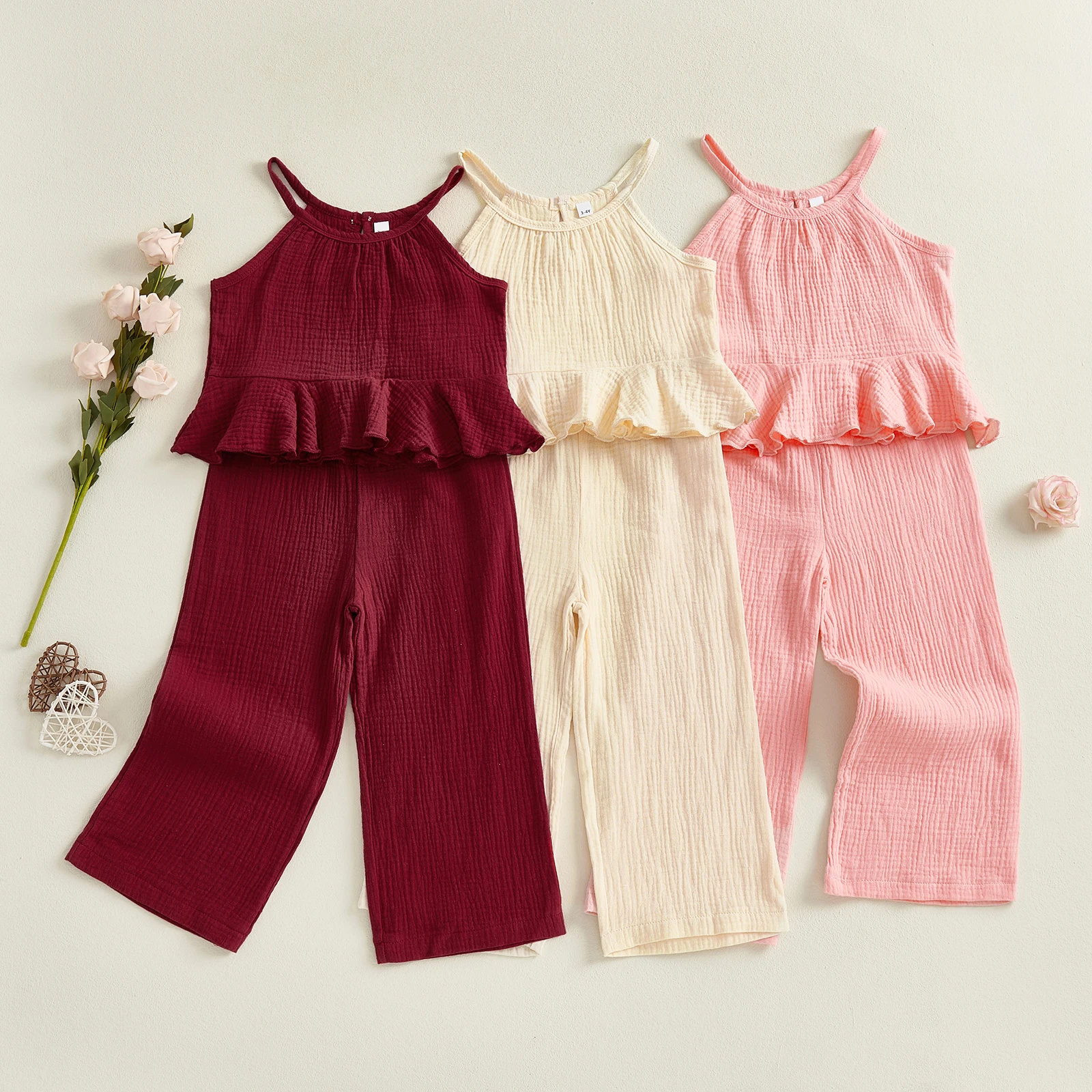 Summer Cotton Linen Baby Girl 2Pcs Summer Outfits Sleeveless Ruffle Cami Tops + Wide Leg Pants Set Casual Toddler Clothes Set