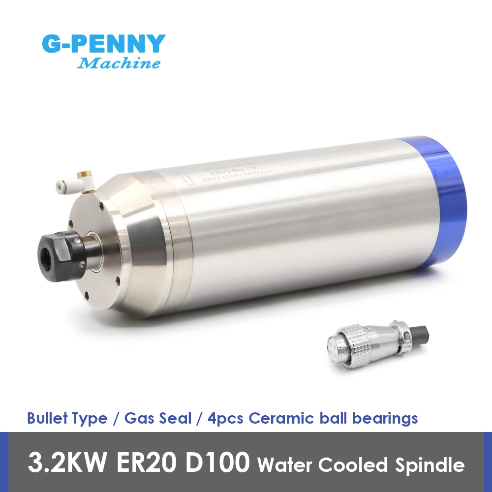 

G-penny 3.2kw ER20 Granite Working Spindle Motor Water Cooling Gas Nozzle Bullet Type 220v /380v 4pcs Ceramic Ball Bearings