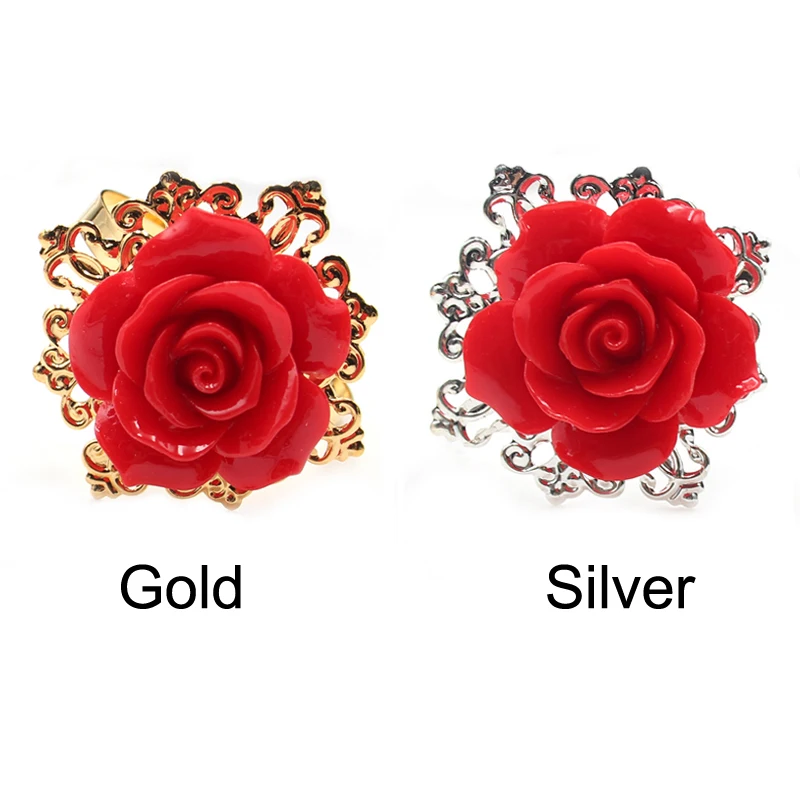 

Red Resin Rose Flower Napkin Ring Hotel Wedding Decor Metal Napkins Buckle Festival Party Banquet Table Decoration Ring Holder