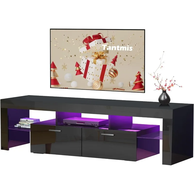 

Black LED TV Stand for 55/65/70/75 inch TV, TV Media Center, Modern Entertainment Center with Large Storage for Living Room