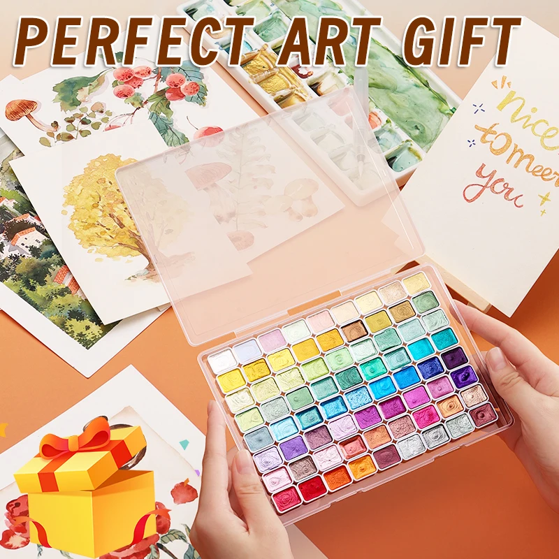 72 Colors Metallic Watercolors with Intense Sparkle, Pearlescent Glitter Solid Pigment, Flash Iridescent Paints, Golden Slivery 3