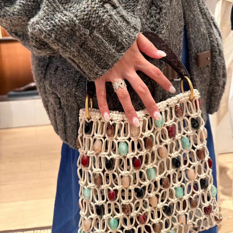 Borsa a mano da donna retrò intrecciata a mano con perline, di lusso, elegante, alla moda europea e americana, borsa da spiaggia da donna - immagine 3