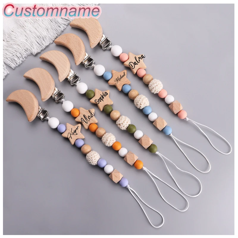 

DIY Baby Carve Custom Name Cartoon Wooden Cartoon Moon Five Pointed Star Clip Crown Teething Chain Teether Clip Children Gifts